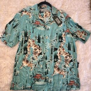 All Saints Mens Teal Tiger Print Dress Shirt